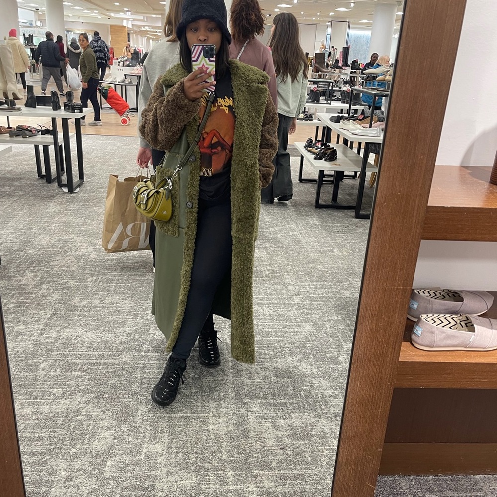 AKIRA Olive Green Teddy Long Coat with Contrast Brown Faux Fur